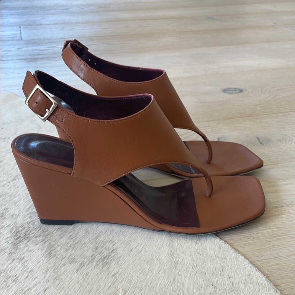 STAUD Brown Wedge Sandals with Cross-Over Straps